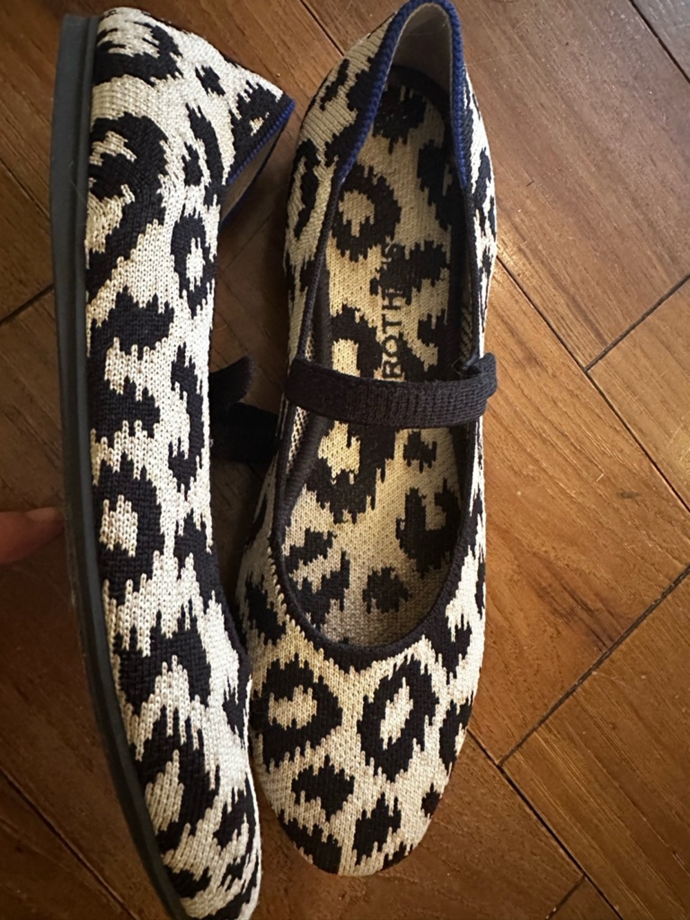 Rothy's Black and Cream Leopard Knit Mary Jane Flats